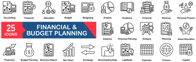Financial And Budget Planning Icon Set 25 Outline Icons In Modern Style
