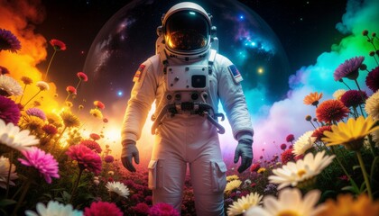 Astronaut Walking Through a Colorful Flower Field Under a Cosmic Sky