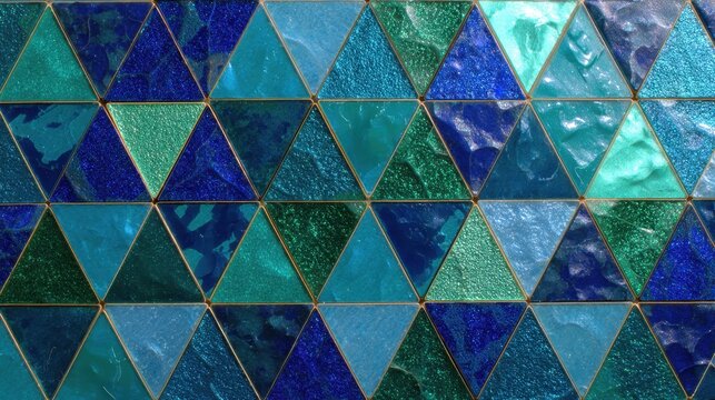 Mosaic of equilateral triangles in various hues of blues and greens makes for a simple but sophisticated pattern. 