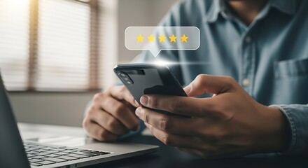 Man using phone for online review with 5 star rating, showcasing customer satisfaction and positive feedback