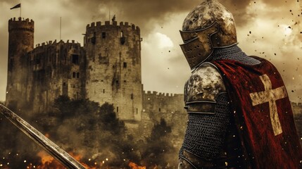 Knight in armor stands guard before a medieval castle under a smoky sky