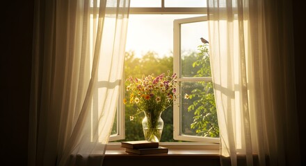 Fototapeta premium Sunlight streams through an open window with curtains and flowers