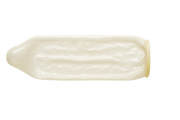 A single unrolled latex condom is shown against a stark transparent background highlighting its texture and form