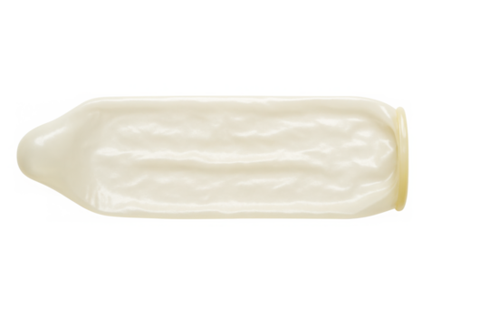 A single unrolled latex condom is shown against a stark transparent background highlighting its texture and form