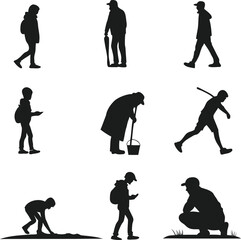 Silhouette Collection Diverse Activities People Engaging in Everyday Life Actions Walking Bending Squatting Gardening and Using Technology for Varied Pursuits