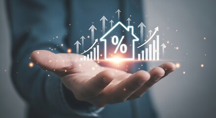 Real Estate Investment Growth Concept: Hand Holding Percentage House with Rising Charts and Arrows, Financial Success