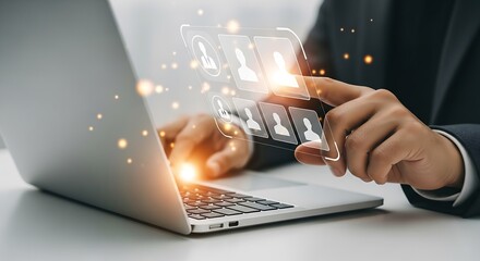 Business Professional Networking Online: Man Selects Candidate Profile on Laptop with Glowing Interface for HR Recruitment.