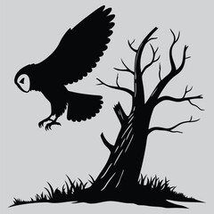 Fototapeta premium Barn owl landing on tree stump silhouette vector design art and illustration