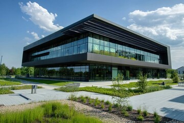 Fototapeta premium Modern glass and steel office building with lush green landscaping