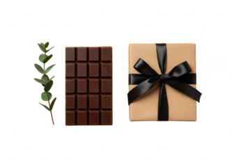A dark chocolate bar and a gift box with a black ribbon isolated on transparent background