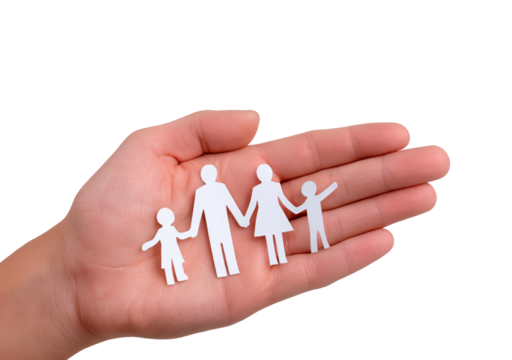 Hand holding paper family cutouts symbolizing protection and unity on transparent background, PNG