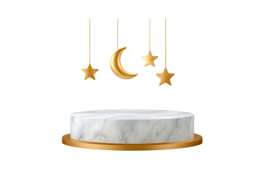 Elegant marble display with golden moon and stars hanging above on transparent background, PNG