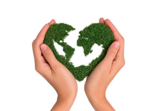 Hands holding grass heart shaped earth symbol for environmental conservation on transparent background, PNG