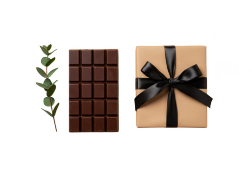 A dark chocolate bar and a gift box with a black ribbon isolated on transparent background