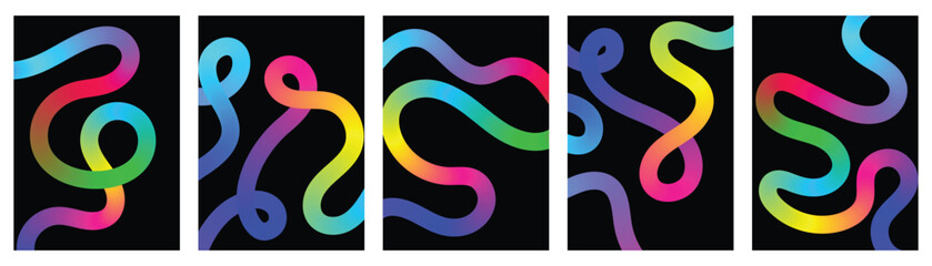 Obraz premium Set of Dynamic Wave Modern Abstract Background with Gradient Color Lines Graphic for Covers, Posters and Layout Shapes. Vector 3D Rainbow Colored Fluid Spiral Ribbons Pattern with Curve Squiggle Line