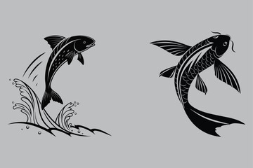 Flying fish leaping above ocean surface in motion silhouette vector design art and illustration