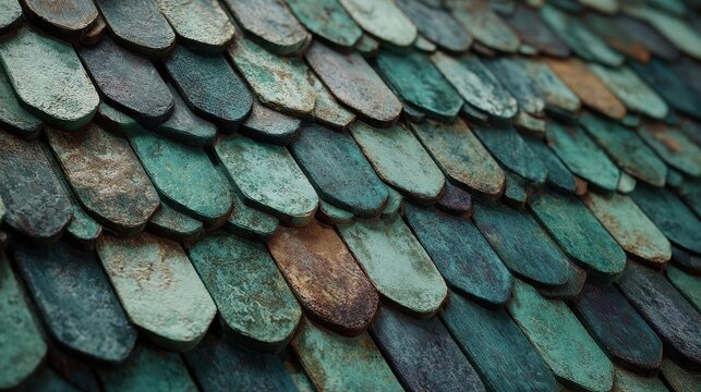 Weathered, fish-scale shaped tiles in greens, teals, and browns form an eye-catching pattern, showcasing texture and age in building design.