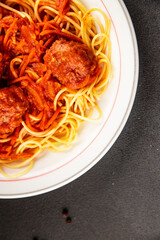 Spaghetti meatballs tomato sauce Italian recipe fresh delicious gourmet food background on the table rustic food top view copy space