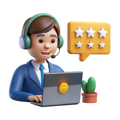Customer service representative with laptop and star rating isolated on transparent background