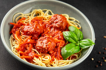 Spaghetti meatballs tomato sauce Italian recipe fresh delicious gourmet food background on the table rustic food top view copy space