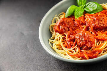 Spaghetti meatballs tomato sauce Italian recipe fresh delicious gourmet food background on the table rustic food top view copy space