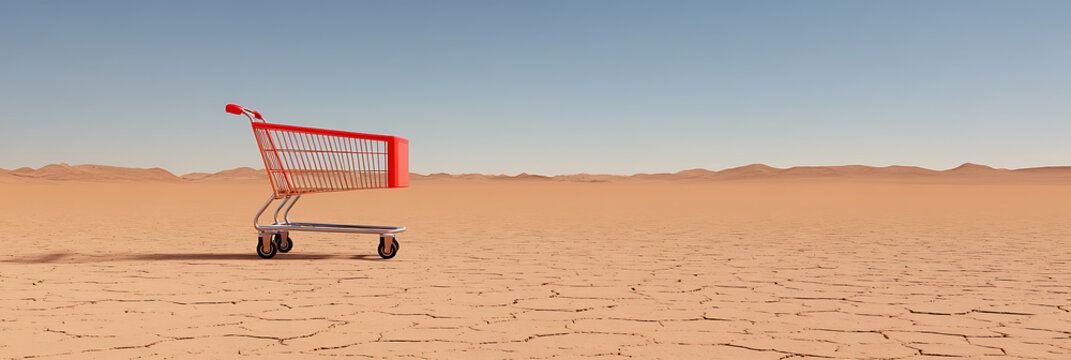 Lost Shopping Cart: A red shopping cart stranded in a vast, cracked desert landscape under a clear blue sky, symbolizing isolation and consumerism gone astray.
