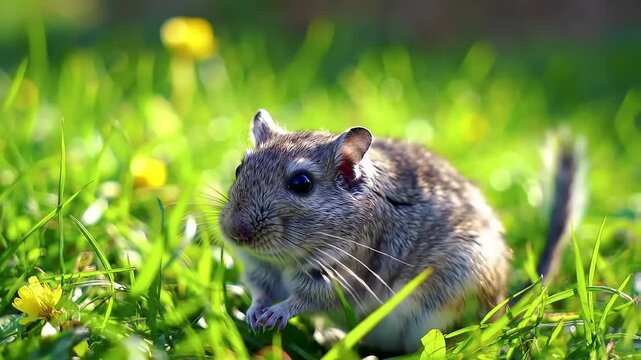 Gerbil in grassy field, yellow flowers blurred background, pet, nature