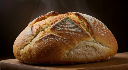 Close-up of fresh bread coming out of the oven, with golden crust and steam rising, placed on a wooden board