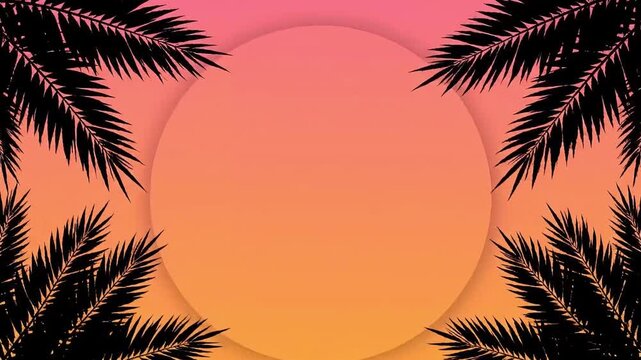 Horizontal animation with swaying palm leaves and a warm gradient sunset background. Centered area left clear for titles or summer promotions.