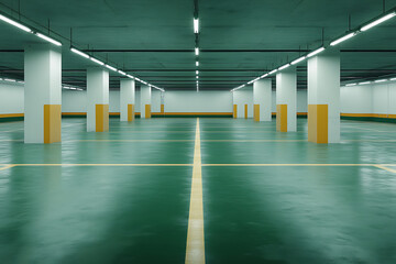 Spacious Indoor Parking: An expansive view of an empty parking garage featuring white columns and a green floor with yellow lines under bright fluorescent lighting.
