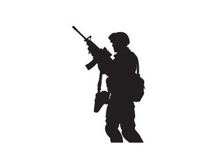 Silhouette of a soldier holding a rifle in ready stance, alert posture, black vector
