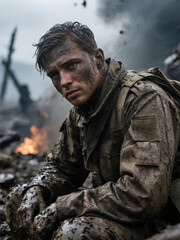 Obraz premium A cinematic and gritty portrait of a young, exhausted soldier covered in mud, looking intensely from a desolate battlefield