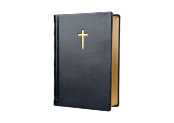 Black leather bible with gold cross on cover on transparent background, PNG
