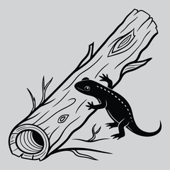 Salamander hiding under forest log silhouette vector design art and illustration