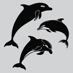Three dolphins jumping in sync silhouette vector design art and illustration