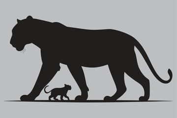 Tiger cub walking beside mother in jungle silhouette vector design art and illustration