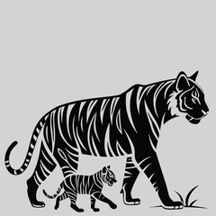 Tiger cub walking beside mother in jungle silhouette vector design art and illustration