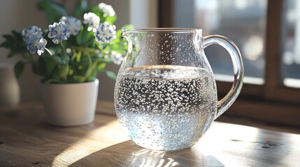 Refreshing water pitcher near flowers