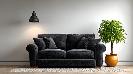 Realistic 3D rendering of a contemporary living room with a black fabric couch set in front of a blank beige wall, clean and symmetrical design.