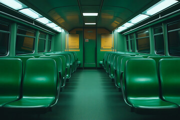 Fototapeta premium Interior of a green subway car with rows of empty seats and informational posters. Clean design with overhead lighting, creating a symmetrical view.