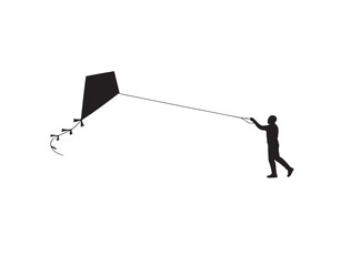 Child flying a kite in the wind on white background in silhouette