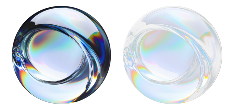 Set of shiny glass balls with rainbow refraction – one solid, one transparent. Abstract minimalist forms for tech, science, or fashion-themed digital projects.
