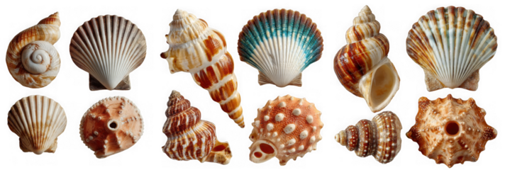 A diverse collection of fourteen seashells including conch fan and spiral varieties in natural colors are displayed individually against a