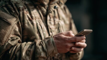 A soldier wearing a camouflage uniform stands focused, using a smartphone outdoors at a military base. The setting appears calm, showcasing daily life amid service