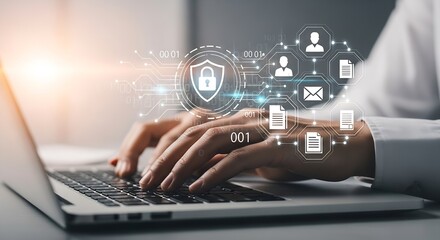 Cybersecurity Professional Typing on Laptop with Data Protection Shield and Network Icons for Secure Communication