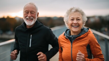 Two senior adults run joyfully on a bridge at sunset, showcasing active lifestyles and companionship. They wear comfortable athletic clothing and display bright smiles, celebrating fitness