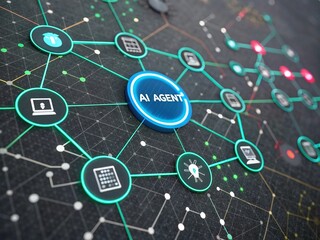 AI Agent at the center of a connected network, symbolizing advanced technology and data