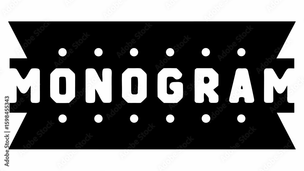 Poster monogram text in white with dots above and below inside a black banner with angled edges on each sid