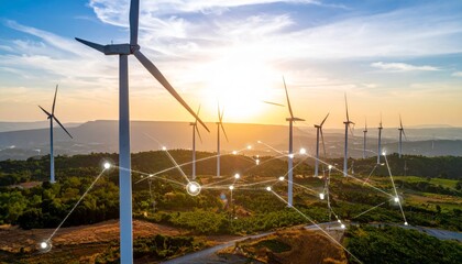 Digital graphic work on green energy power production.Renewable energy design.Windmill and graphic diagram of air currents that produce green energy. Green energy power production it is future.
