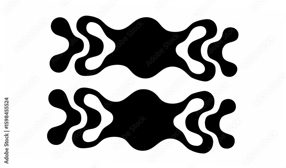 Poster two horizontal symmetrical abstract shapes with interconnected rounded elements in black and white c